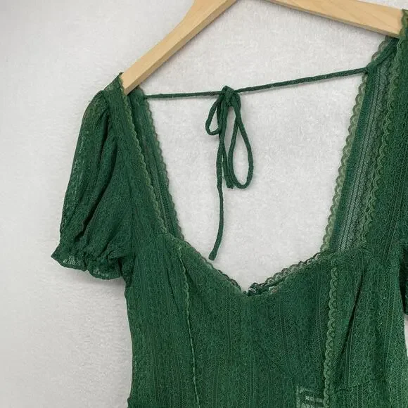 URBAN OUTFITTERS Dress S Roxie Lace Trim Mini Puff Sleeve Nylon Green NEW - Picture 7 of 16